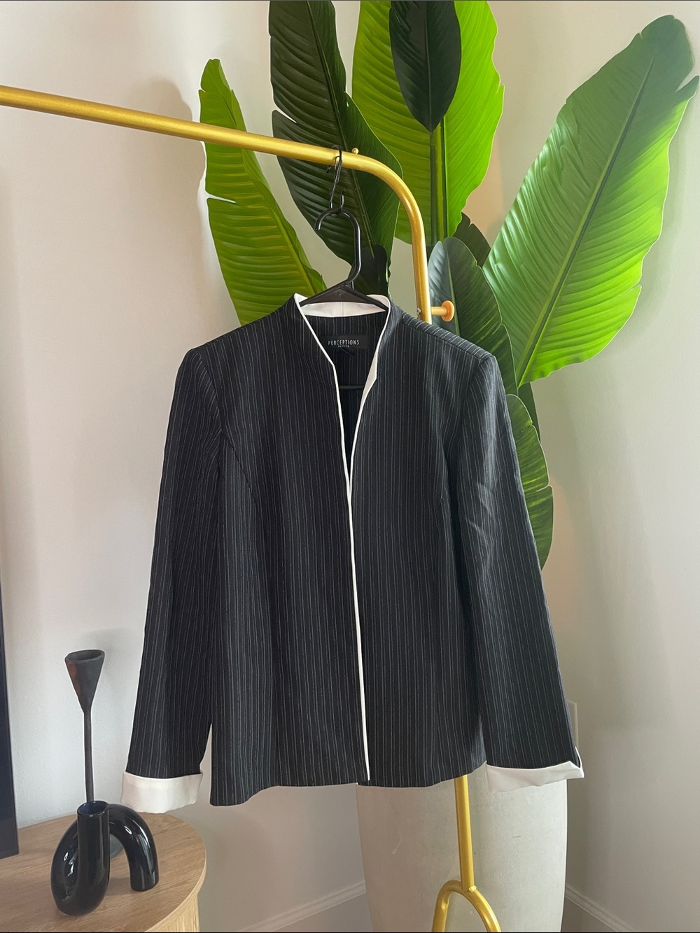 Perceptions Black Pinstripe Jacket with White Trim